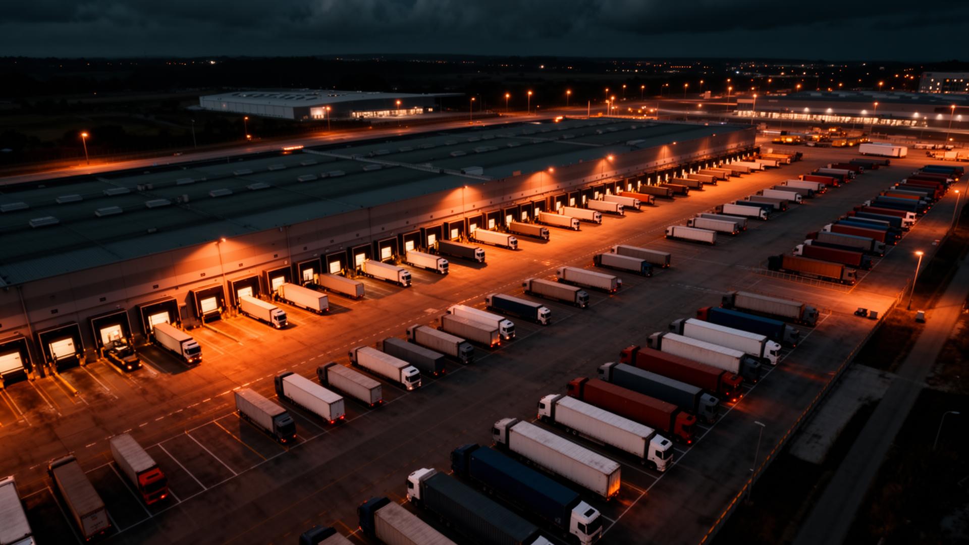 Vista aérea de hub de distribuição da Race com caminhões nas docas à noite